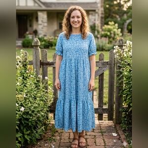 Blue Floral Tiered Maxi Dress XL Short Puff Sleeve Boho Cottagecore Ditsy Print